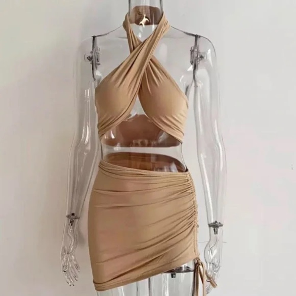 Tan Halter Two Piece Set – Ruched Mini Skirt Vacation Outfit